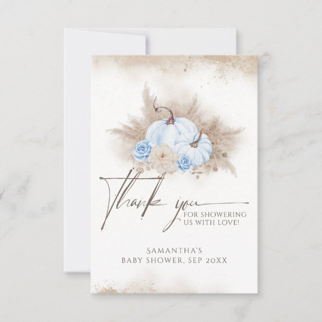 Carte De Remerciements Bleu Citrouille Automne fleuri Boho Pampas Baby sh (Devant)