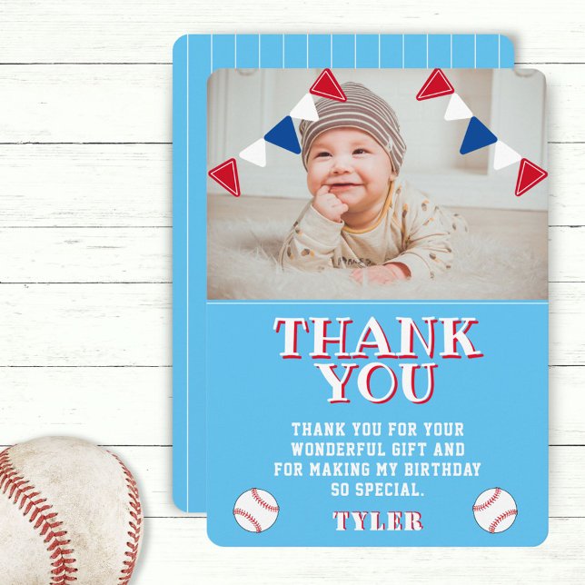 Carte De Remerciements Bleu Cute Baseball Enfants Photo Anniversaire (Créateur téléchargé)