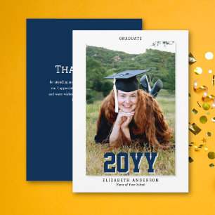 Carte De Remerciements Bleu de la marine classique 2024 Graduation Photo