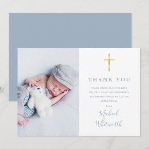 Carte De Remerciements Bleu Dusty Élégant Photo Signature Script Baptême
