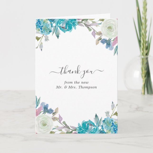 Carte De Remerciements Bleu Dusty et Mariage floral Turquoise (Devant)