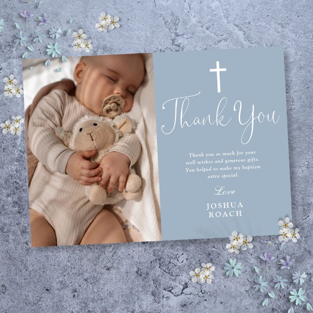 Carte De Remerciements Bleu Dusty Moderne Élégant Script Baptême (Dusty Blue Modern Elegant Script Baptism Thank You Card)