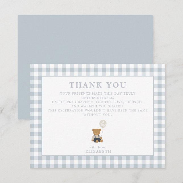 Carte de remerciements bleu En vichy Teddy Bear (Devant / Derrière)