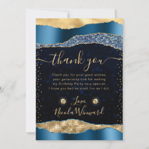 Carte De Remerciements Bleu et or Glam Tears Bokeh Anniversaire