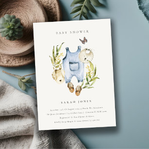 Carte De Remerciements Bleu Feuillage Boy Vêtements Baby shower Invitatio