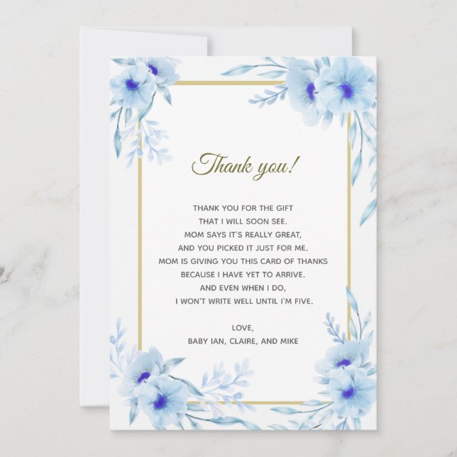 Carte de remerciements bleu floral de baby shower (Devant)