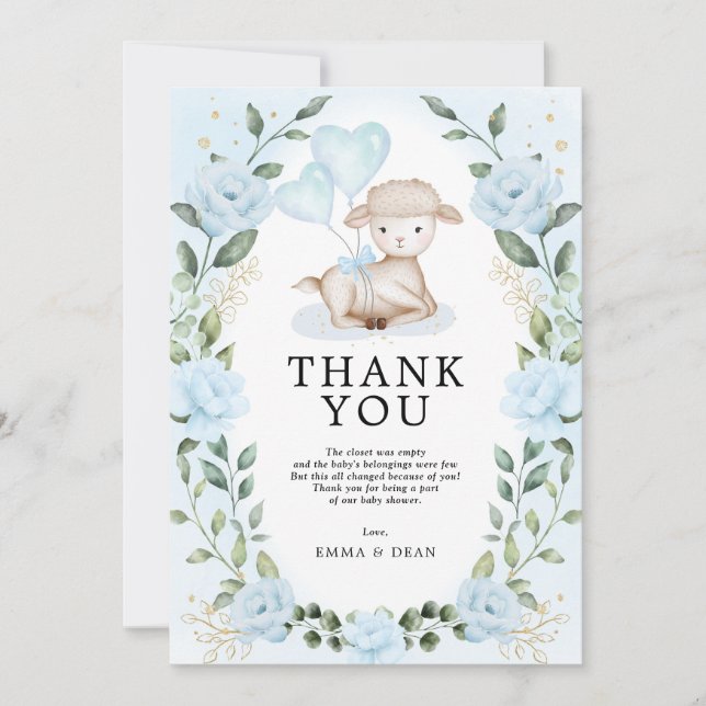 Carte De Remerciements Bleu Floral Eucalyptus Lamb Bébé Mouton Douche (Devant)