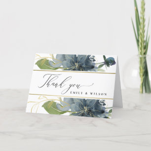 CARTE DE REMERCIEMENTS BLEU FONCÉ OR VERT FLORAL AQUARELLE MARIAGE