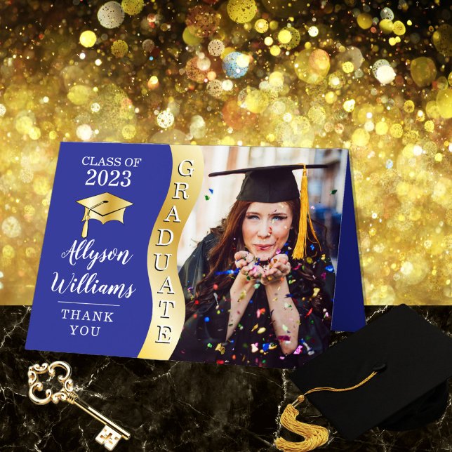 Carte De Remerciements Bleu | Gold Graduate Wave Grad Casquette photo (Sleek and Modern Blue and Gold Tone Photo Graduate Graduation Thank You Folded Card)