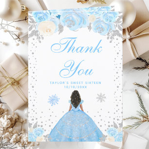 Carte De Remerciements Bleu hiver Peau foncée Princesse Sweet sixteen