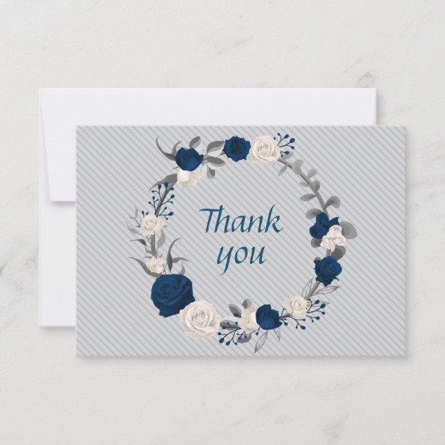 Carte De Remerciements bleu marine et fleurs blanches gris feuille couron (Devant)