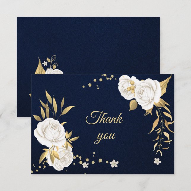 Carte De Remerciements bleu marine floral or blanc (Devant / Derrière)