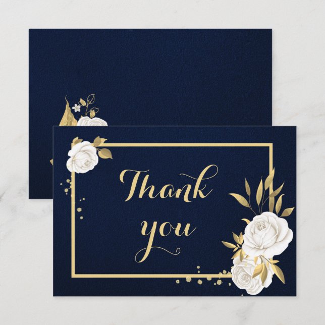 Carte De Remerciements bleu marine floral or blanc (Devant / Derrière)