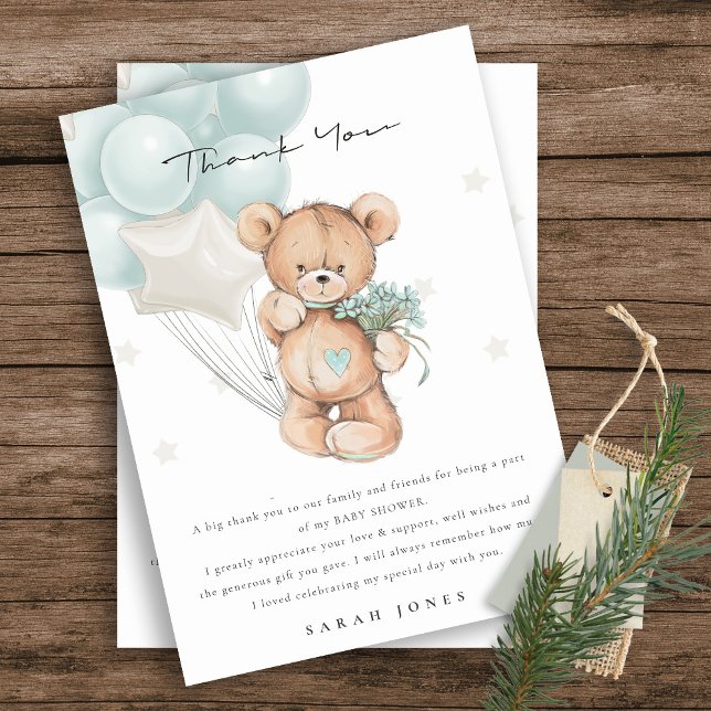 Carte De Remerciements Bleu mignon ours Baby shower de ballon d'attente p (Créateur téléchargé)