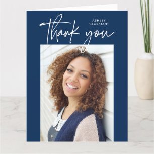 Carte De Remerciements Bleu Moderne Calligraphie Photo Graduation Plier