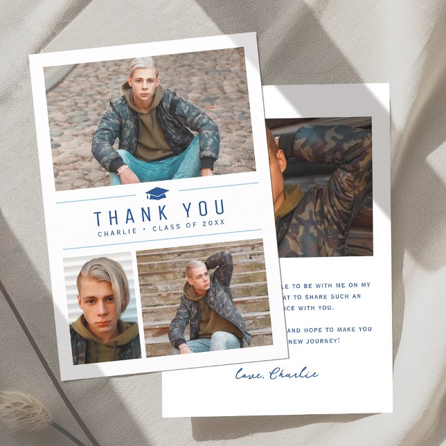 Carte De Remerciements Bleu Moderne Typographie Simple 4 Diplôme Photo (Blue Modern Simple Typography 4 Photo Graduation Thank You Card)