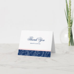 Carte De Remerciements Bleu Nuit et Rose Pâle Damassé Remerciement Tourbi