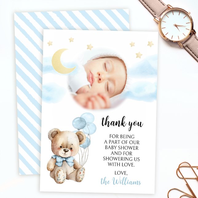 Carte De Remerciements Bleu ours en peluche ballon bébé garçon douche pho (Créateur téléchargé)