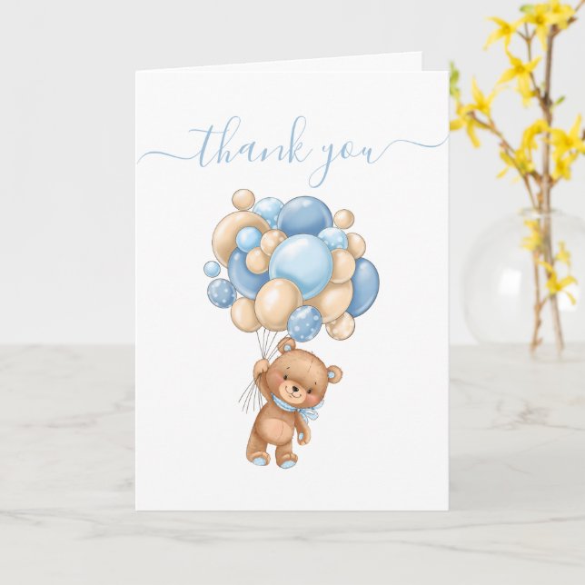 Carte de remerciements Bleu Ours Teddy (Fleur jaune)