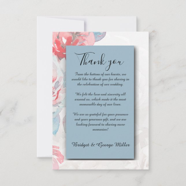 Carte De Remerciements bleu poussiéreux chic Floral aquarelle rose mariag (Devant)