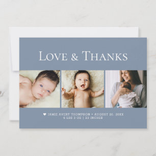 Carte De Remerciements Bleu poussiéreux Photos de naissance de bébé Love