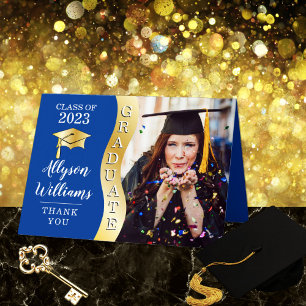 Carte De Remerciements Bleu profond   Gold Graduate Wave Grad Casquette p