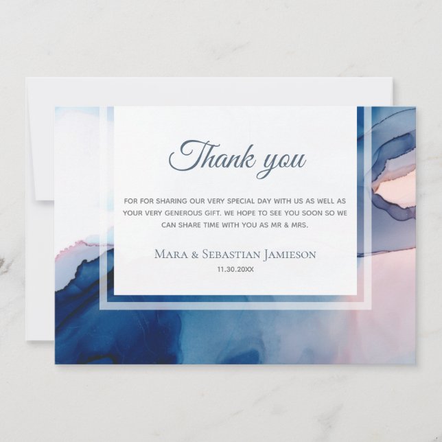 Carte De Remerciements ~ Bleu rose AR17 Aquarelle Elégant Mariage tendanc (Devant)