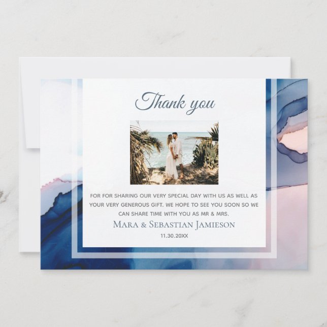 Carte De Remerciements ~ Bleu rose AR17 Aquarelle Elégant Mariage tendanc (Devant)