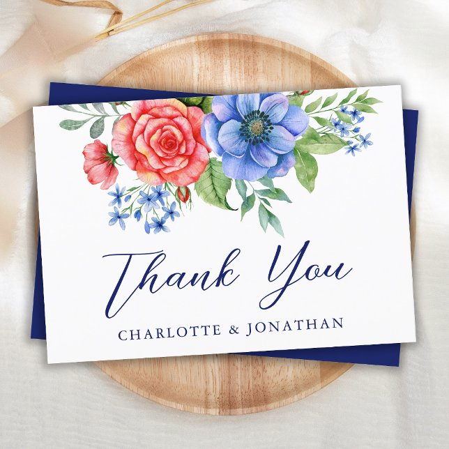 Carte De Remerciements Bleu Rouge Floral 4 Juillet Mariage patriotique (Créateur téléchargé)