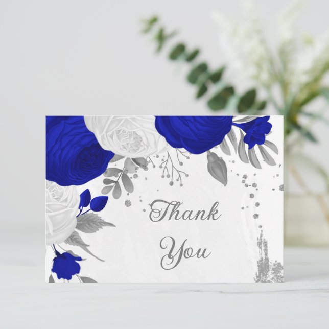 Carte De Remerciements bleu royal et fleurs blanches argent mariage botan (Debout devant)
