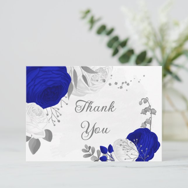 Carte De Remerciements bleu royal et fleurs blanches argent mariage botan (Debout devant)