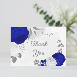 Carte De Remerciements bleu royal et fleurs blanches argent mariage botan
