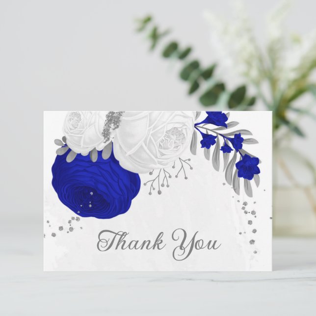 Carte De Remerciements bleu royal et fleurs blanches argent mariage botan (Debout devant)