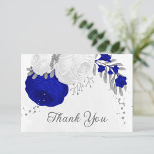 Carte De Remerciements bleu royal et fleurs blanches argent mariage botan