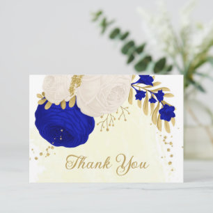 Carte De Remerciements bleu royal et fleurs blanches or mariage botanique