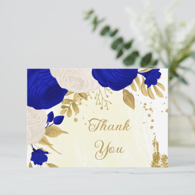 Carte De Remerciements bleu royal et fleurs blanches or mariage botanique (Debout devant)