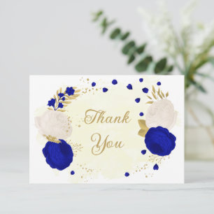 Carte De Remerciements bleu royal et fleurs blanches or mariage botanique