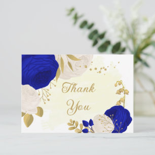 Carte De Remerciements bleu royal et fleurs blanches or mariage botanique