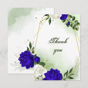 Carte De Remerciements bleu royal et fleurs blanches verdure or géométriq