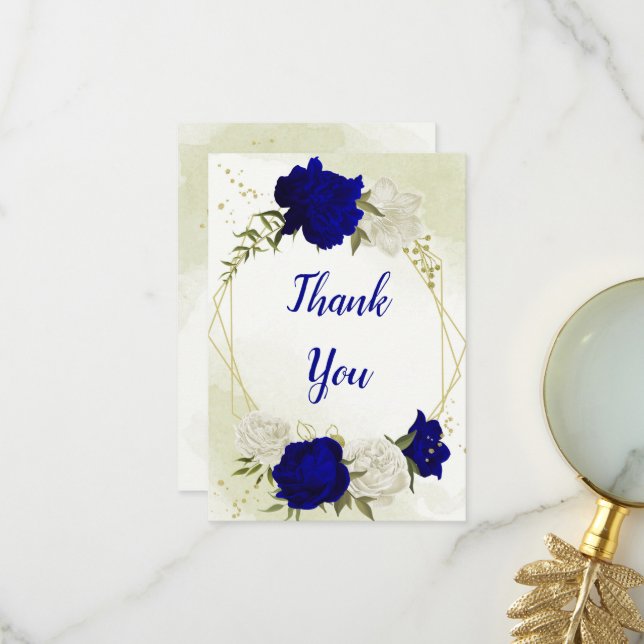 Carte De Remerciements bleu royal fleurs blanches vert feuilles (Devant/Arrière en situation)