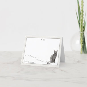 Carte De Remerciements Bleu Russe Chat Gris Bordure Monogramme Nom Plier