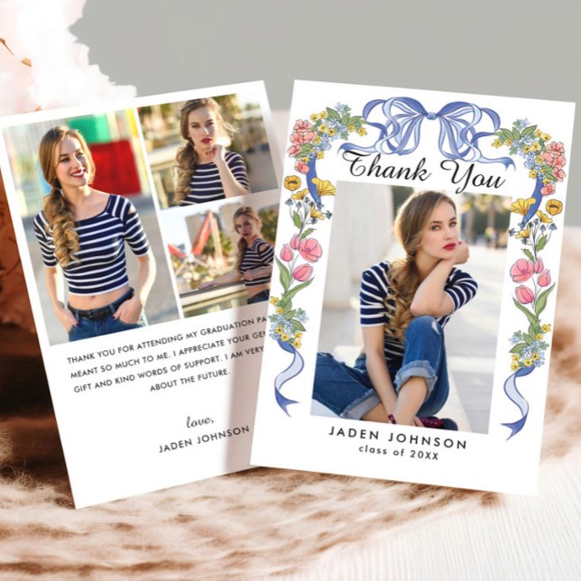 Carte De Remerciements Bleu tendance Ruban Bow 4 PHOTO Graduation Party (Créateur téléchargé)