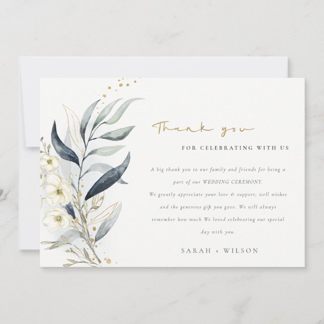 Carte De Remerciements Bleu vert or feuille Mariage botanique floral (Devant)