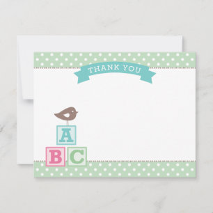 Carte De Remerciements Blocs ABC Vert Menthe Fête Bébé Oiseau