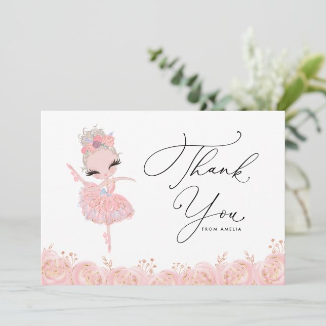 Carte De Remerciements Blonde Girl Ballerina en Robe Rose Anniversaire (Debout devant)