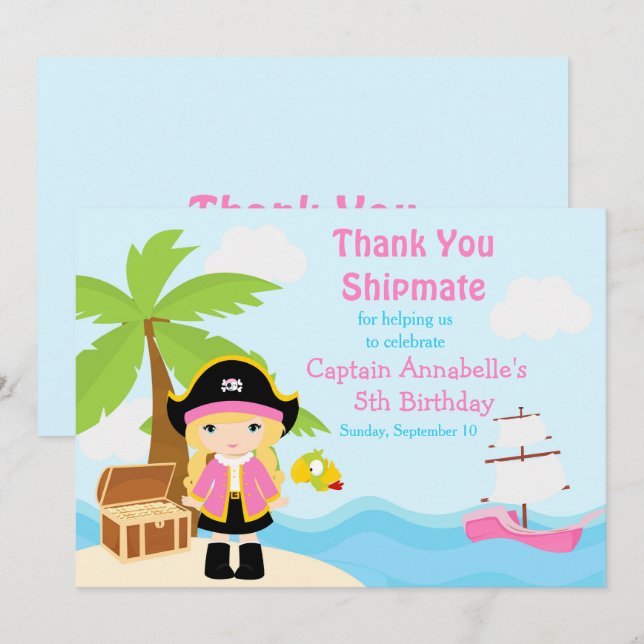 Carte De Remerciements Blonde mignonne fille Pirate en rose fête d'annive (Devant / Derrière)
