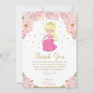 Carte De Remerciements Blonde Princess 1er anniversaire Floral rose