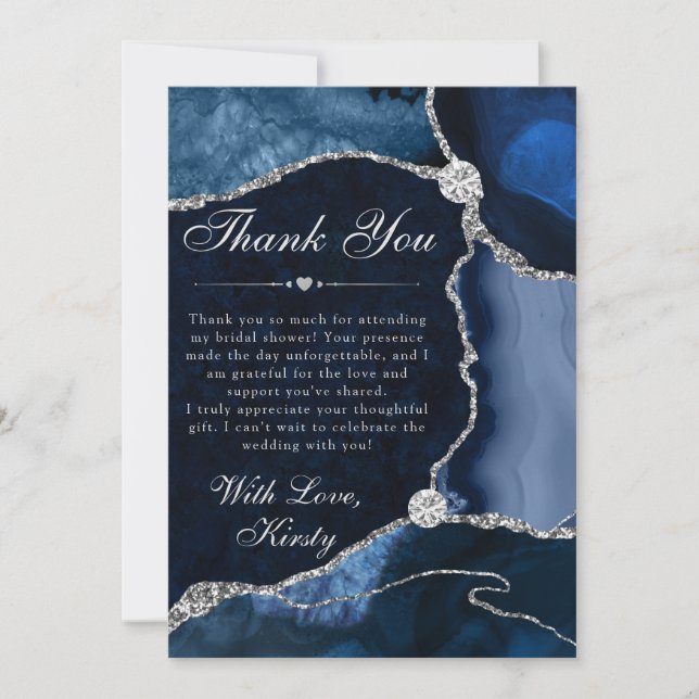 Carte De Remerciements Blue and Silver Faux Glitter Agate Bridal Shower (Devant)