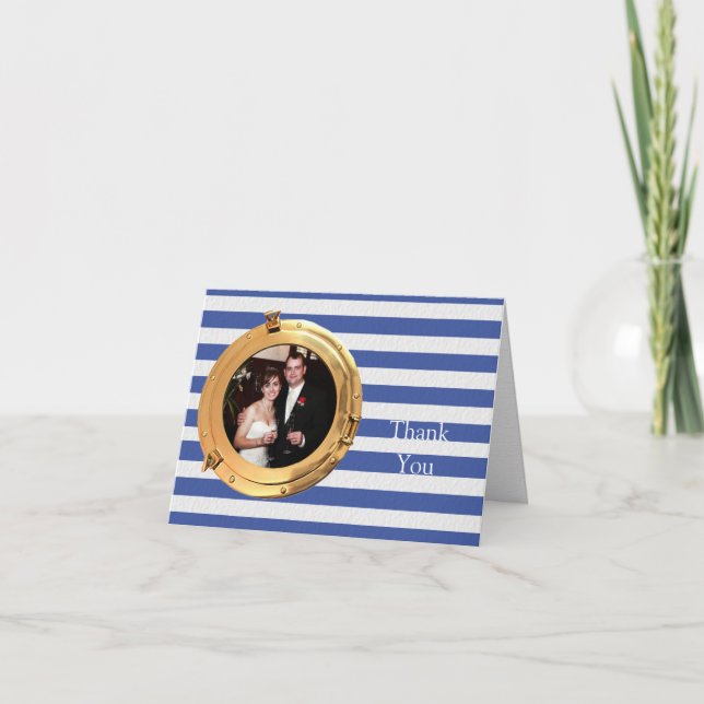 Carte De Remerciements Blue and White Nautical Port Hole Frame Wedding (Devant)