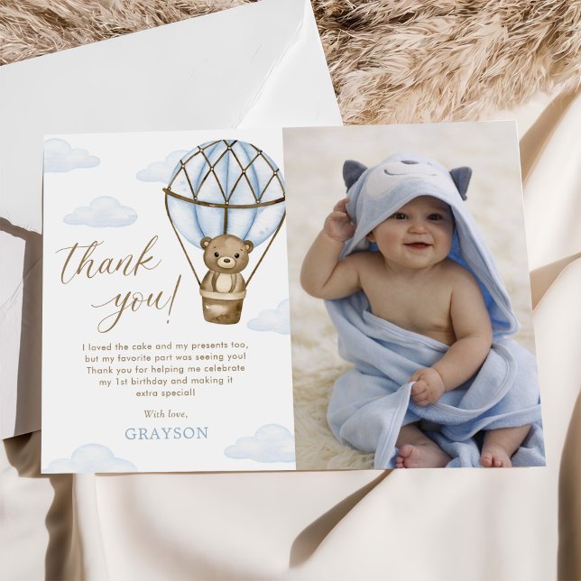 Carte De Remerciements Blue Bear Hot Air Balloon Boys 1er Birthday Photo (Créateur téléchargé)